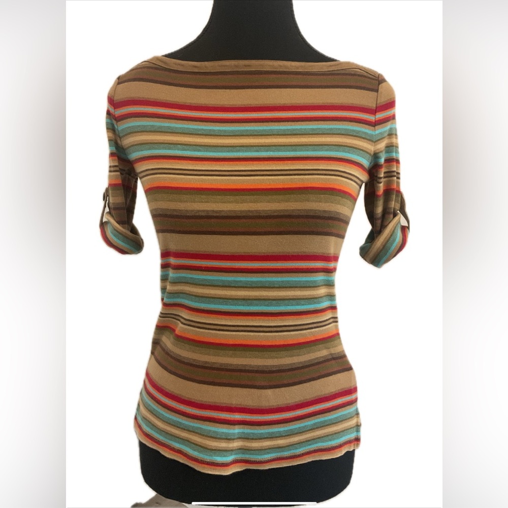 Lauren Ralph Lauren Brown boatneck Multicolour striped top.